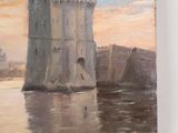 a painting of a castle on the water with a sky background