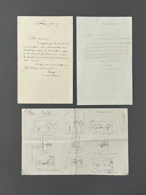 deux feuilles de papier sur lesquelles figurent respectivement un dessin représentant une cuisine et un dessin représentant un salon