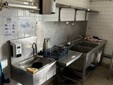 a kitchen with a sink, stove, and other items in it