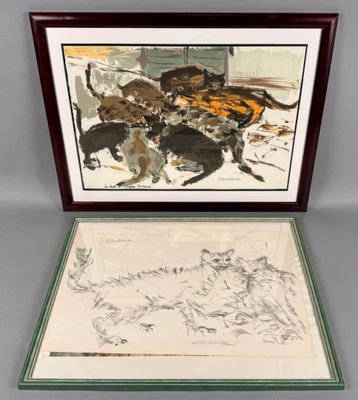a painting of a group of cats sitting on top of a table