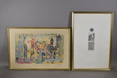 deux tableaux encadrés représentant une scène urbaine et une photo d'une rue