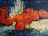 a painting of oranges in a vase on a table