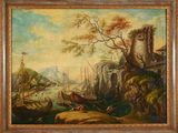 un tableau représentant une scène fluviale avec un château en arrière-plan