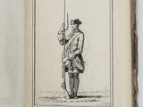 an old book with a drawing of a man holding a sword