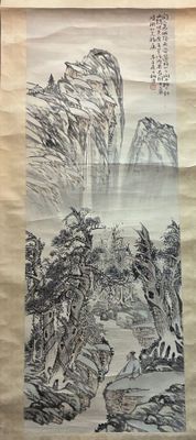 chinese scroll painting of a mountain landscape with a river in the foreground