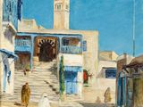 an oil painting of a street scene with people walking down it