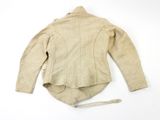 the jacket is tan and has a zipper on the back