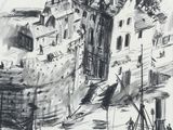 dessin représentant un bateau dans l'eau, près d'un bâtiment sur lequel flotte un drapeau