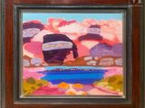 an oil painting of a landscape with a boat in the water