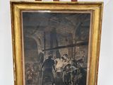 une vieille photo représentant un tableau posé sur un chevalet en bois, sur fond blanc