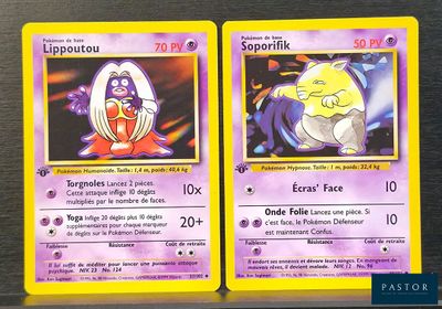 Deux cartes Pokémon sont représentées sur une table, sur fond noir.