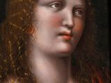 un tableau représentant une femme aux cheveux longs vêtue d'une robe rouge