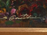 an oil painting of flowers in a vase on a table