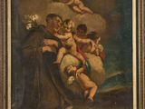 un tableau représentant un tableau sur lequel figure un homme tenant un bébé dans ses bras, entouré d'anges