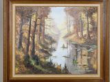 an oil painting of a river in a wooded area with trees in the background