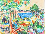 an image of a painting of people sitting on the grass by the water