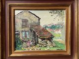 an oil painting of a barn in a field by a tree