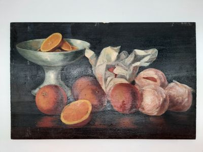 un tableau représentant des oranges et un bol d'oranges posé sur une table