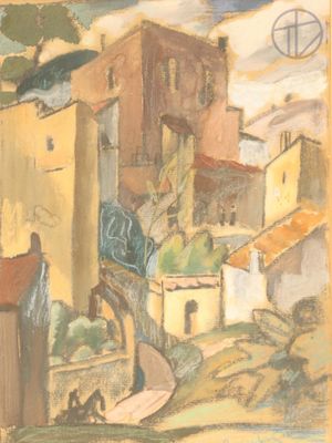 painting of a painting of a village with a cross on the top of a hill