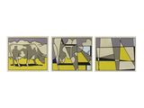 three paintings of cows in a field with yellow and blue