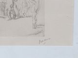 drawing of a group of people standing in a line in front of a building