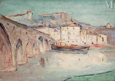 a painting of a boat on the water near a bridge