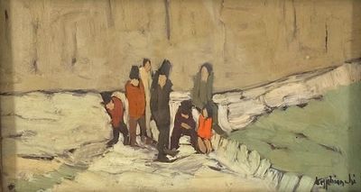 un tableau représentant un groupe de personnes marchant sur une plage
