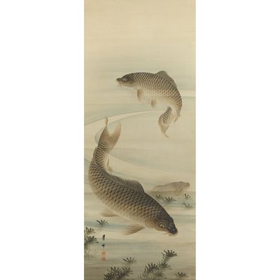 chinese painting of two carp fish swimming in a body of water