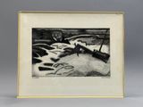 un dessin en noir et blanc représentant une personne allongée sur un lit