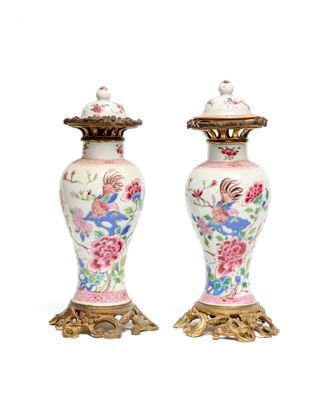 pair of antique chinese vases with flowers and birds on them