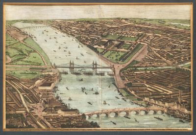 peinture d'une vue d'une ville avec un pont sur une rivière