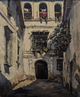 une peinture représentant une ruelle étroite avec un bâtiment en arrière-plan