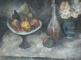 a painting of fruit and a vase on a table