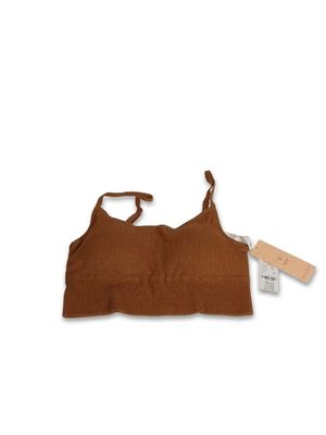 a close up of a brown bra top with a tag on it