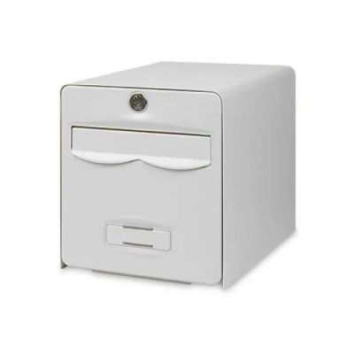 a close up of a white filing cabinet on a white background