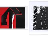 two black and red prints of a woman and a man
