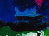 une peinture abstraite composée de bleu, de rouge, de vert et de noir sur fond blanc