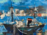 a painting of a boat in the water with a city in the background