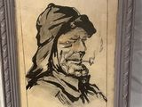 tableau représentant un vieil homme fumant une cigarette, dans un cadre