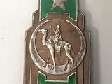 une médaille argentée et verte représentant un homme à cheval