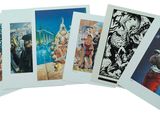 six cards of different color and size of artwork on a white surface