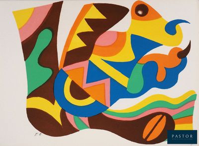 peinture abstraite représentant un poisson entouré de formes colorées sur fond blanc