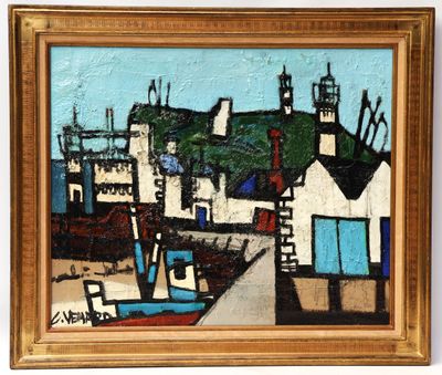 painting of a painting of boats in a harbor with houses in the background