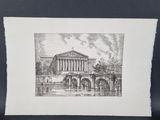 a black and white drawing of a building on a black background