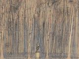 dessin représentant un homme debout devant une rangée d'arbres dans un parc