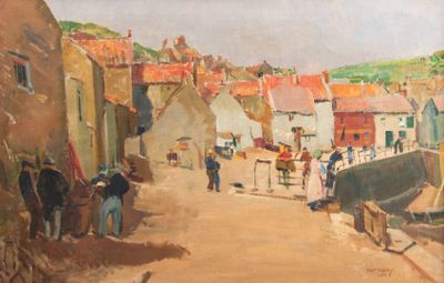 un tableau représentant des personnes marchant dans une rue près d'un bateau
