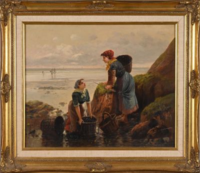 painting of a woman and two children washing their feet in the water