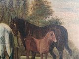 painting of two horses and a foal by a stream