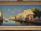 a painting of a boat on the water in front of a building