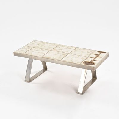 a small white bench with a tile top on a white background